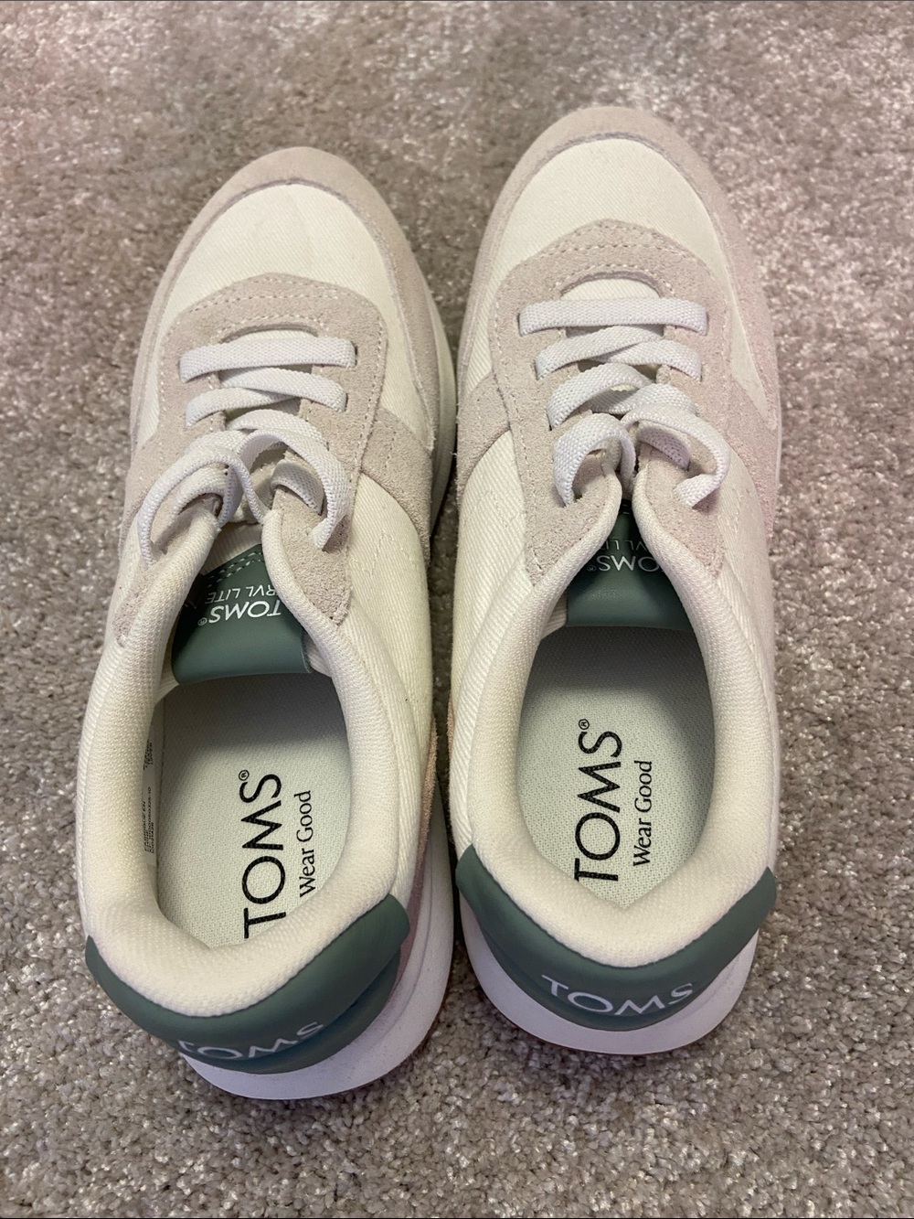 TOMS Women’s Lace-Up Sneakers in Cream with Sage Heel and Dusty Pink detail